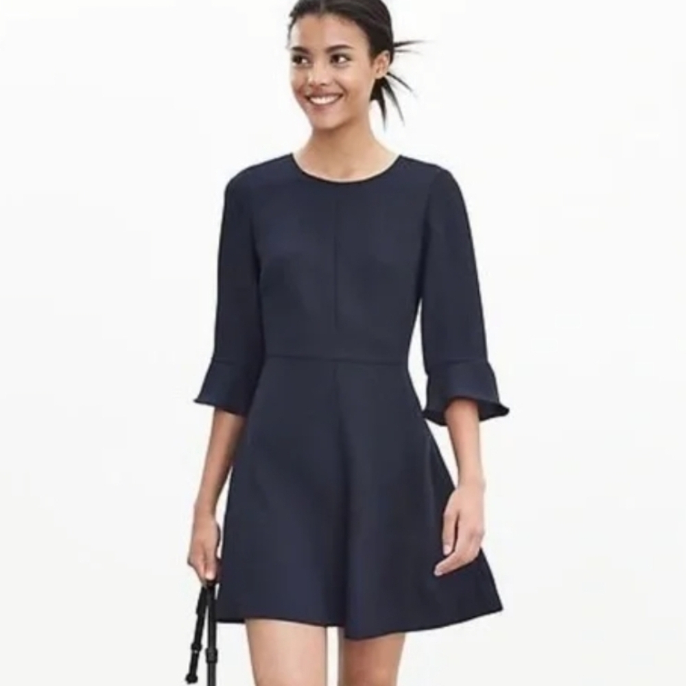 Banana Republic Navy Fit-and-Flare Mini Dress with Ruffle Sleeves
